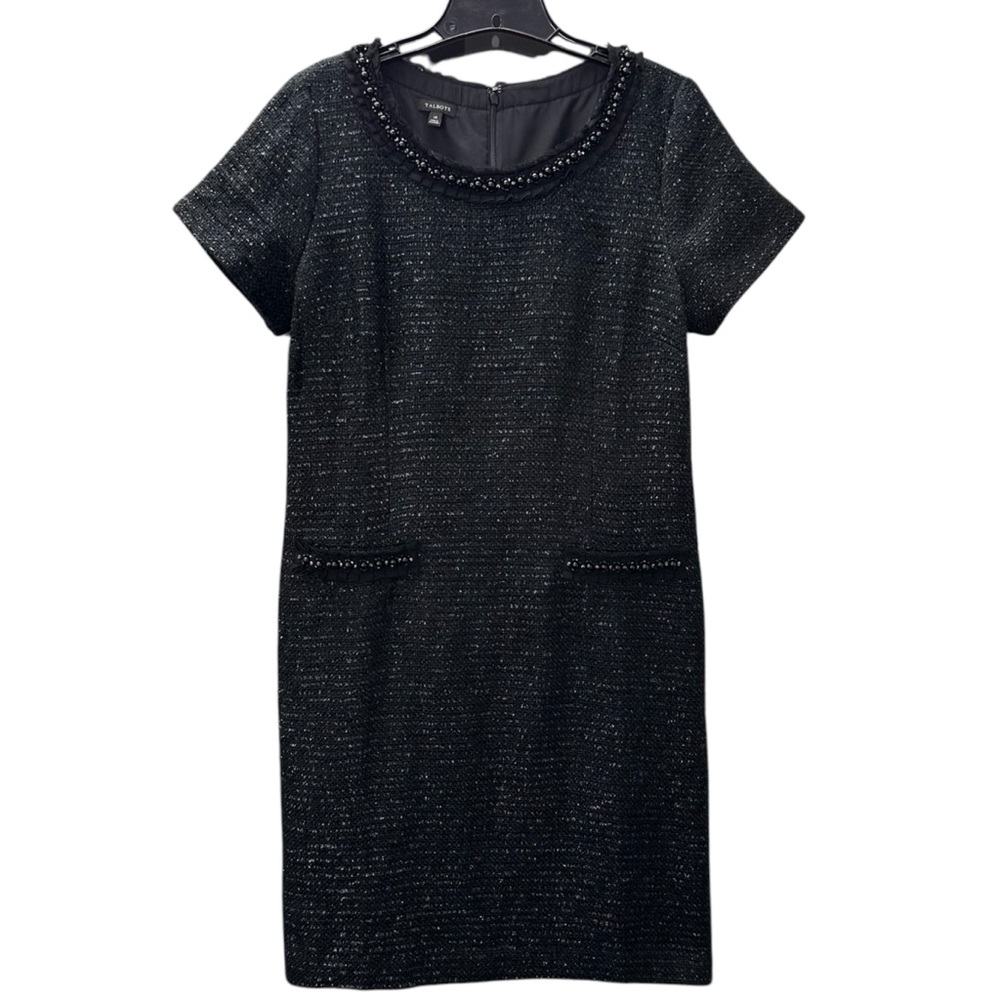 Talbots Dress Black Boucle Shift Beaded Metallic Short Sleeves Women’s Size 14